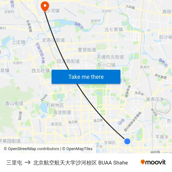 三里屯 to 北京航空航天大学沙河校区 BUAA Shahe map