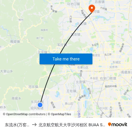 东流水(万窑路) to 北京航空航天大学沙河校区 BUAA Shahe map