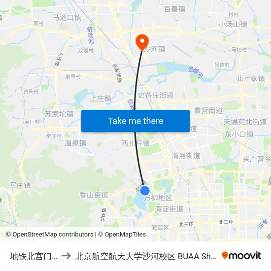 地铁北宫门站 to 北京航空航天大学沙河校区 BUAA Shahe map