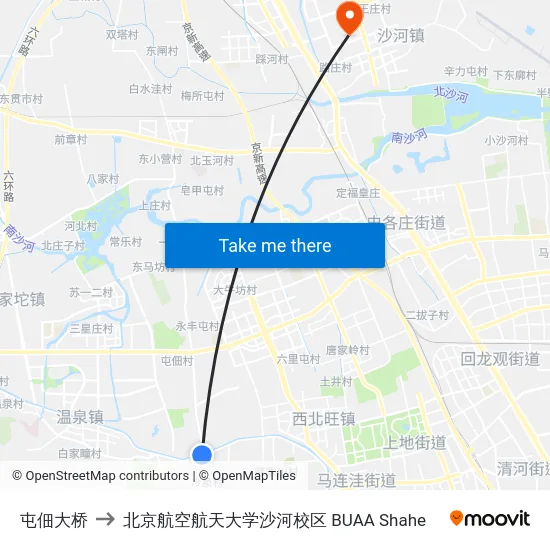 屯佃大桥 to 北京航空航天大学沙河校区 BUAA Shahe map