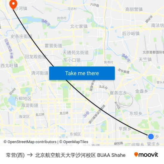 常营(西) to 北京航空航天大学沙河校区 BUAA Shahe map