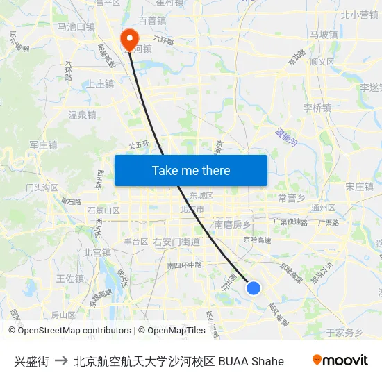 兴盛街 to 北京航空航天大学沙河校区 BUAA Shahe map