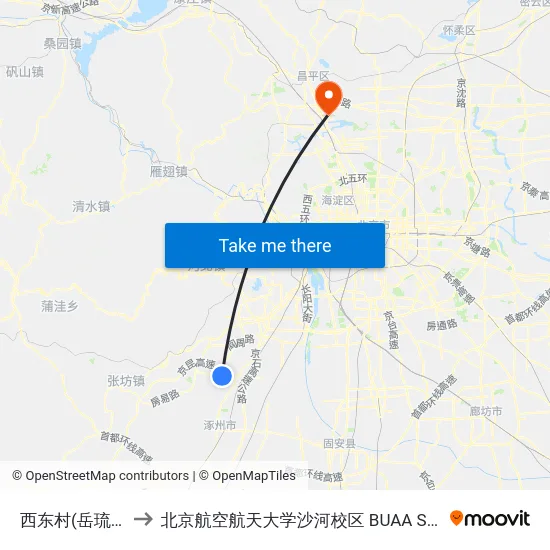 西东村(岳琉路) to 北京航空航天大学沙河校区 BUAA Shahe map