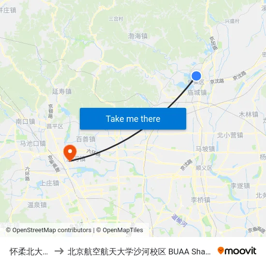 怀柔北大街 to 北京航空航天大学沙河校区 BUAA Shahe map