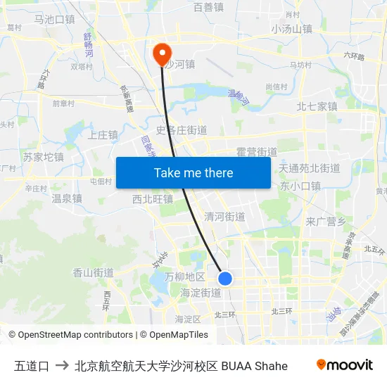 五道口 to 北京航空航天大学沙河校区 BUAA Shahe map