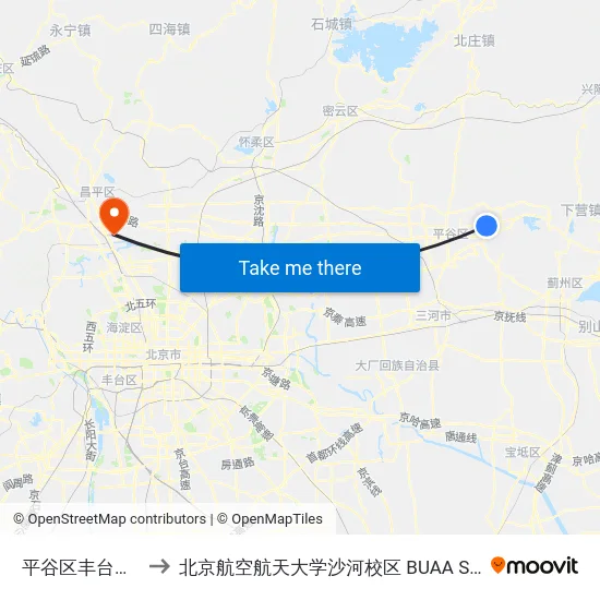 平谷区丰台路口 to 北京航空航天大学沙河校区 BUAA Shahe map