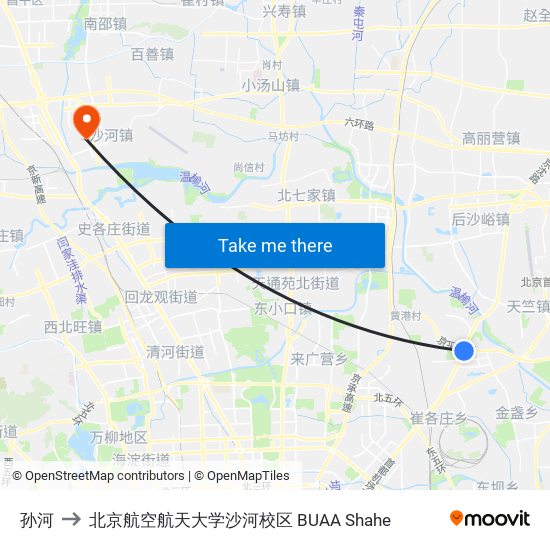 孙河 to 北京航空航天大学沙河校区 BUAA Shahe map