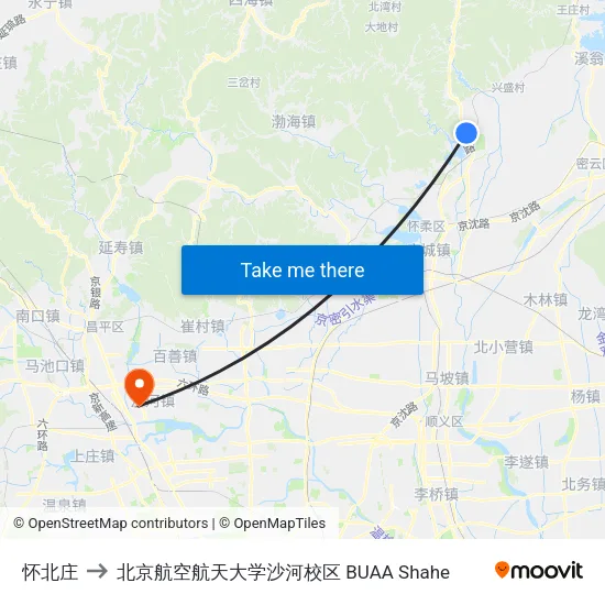 怀北庄 to 北京航空航天大学沙河校区 BUAA Shahe map