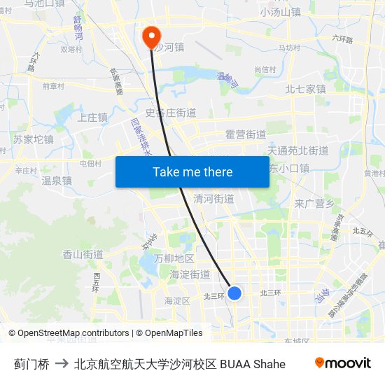 蓟门桥 to 北京航空航天大学沙河校区 BUAA Shahe map