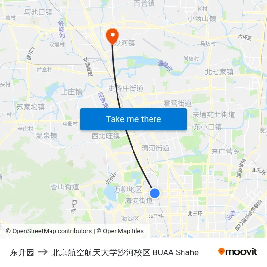 东升园 to 北京航空航天大学沙河校区 BUAA Shahe map