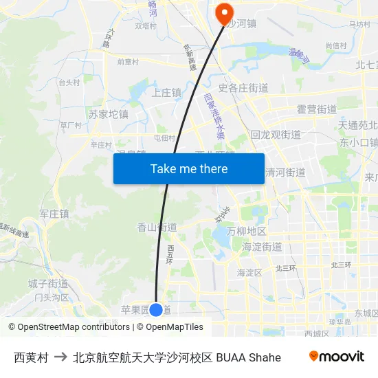 西黄村 to 北京航空航天大学沙河校区 BUAA Shahe map