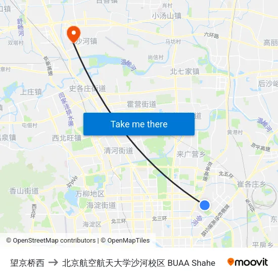 望京桥西 to 北京航空航天大学沙河校区 BUAA Shahe map