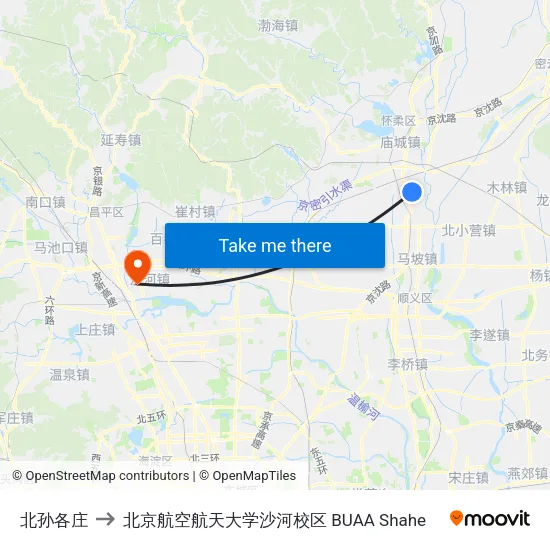 北孙各庄 to 北京航空航天大学沙河校区 BUAA Shahe map