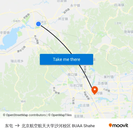 东屯 to 北京航空航天大学沙河校区 BUAA Shahe map