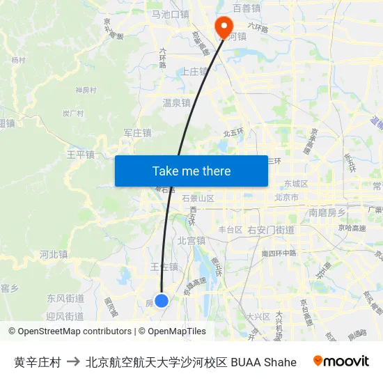黄辛庄村 to 北京航空航天大学沙河校区 BUAA Shahe map