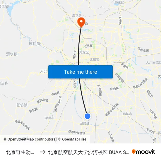 北京野生动物园 to 北京航空航天大学沙河校区 BUAA Shahe map