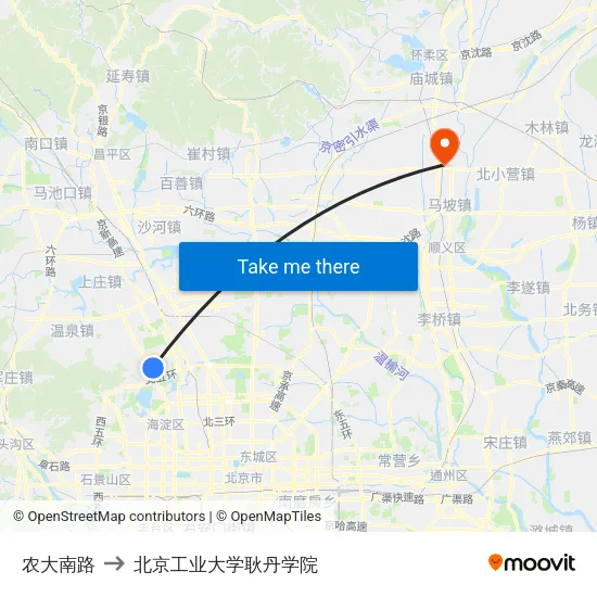 农大南路 to 北京工业大学耿丹学院 map