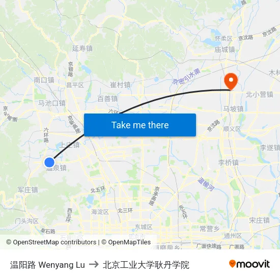 温阳路 Wenyang Lu to 北京工业大学耿丹学院 map