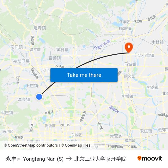 永丰南 Yongfeng Nan (S) to 北京工业大学耿丹学院 map