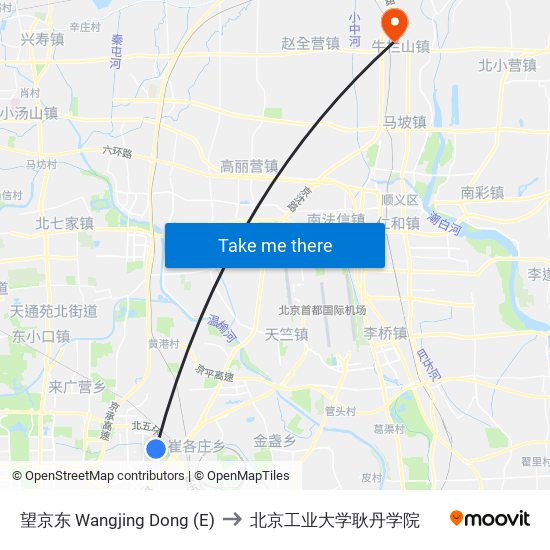 望京东 Wangjing Dong (E) to 北京工业大学耿丹学院 map