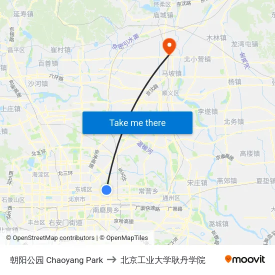 朝阳公园 Chaoyang Park to 北京工业大学耿丹学院 map