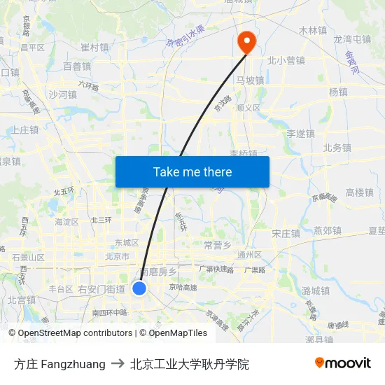 方庄 Fangzhuang to 北京工业大学耿丹学院 map