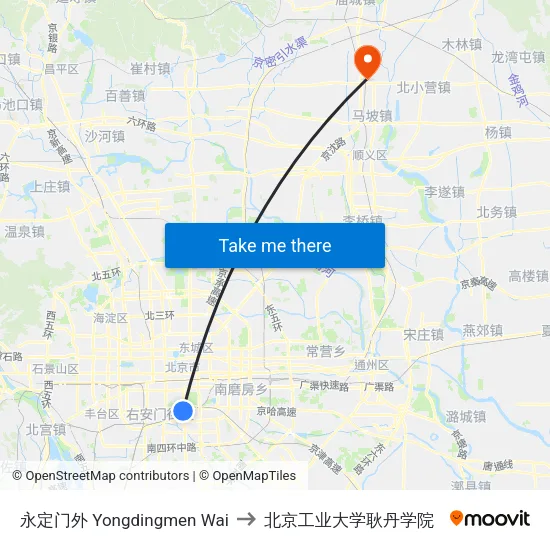 永定门外 Yongdingmen Wai to 北京工业大学耿丹学院 map