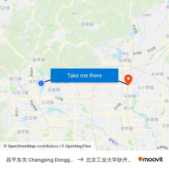 昌平东关 Changping Dongguan to 北京工业大学耿丹学院 map