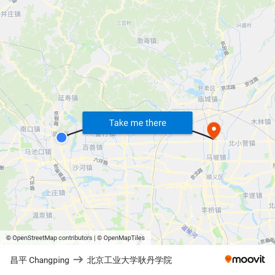 昌平 Changping to 北京工业大学耿丹学院 map