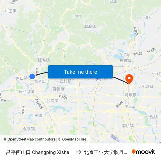 昌平西山口 Changping Xishankou to 北京工业大学耿丹学院 map