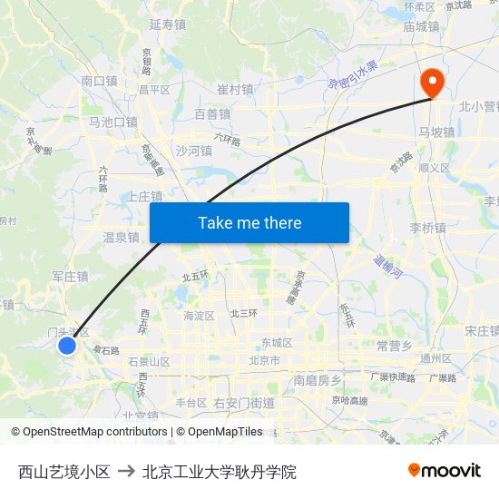 西山艺境小区 to 北京工业大学耿丹学院 map