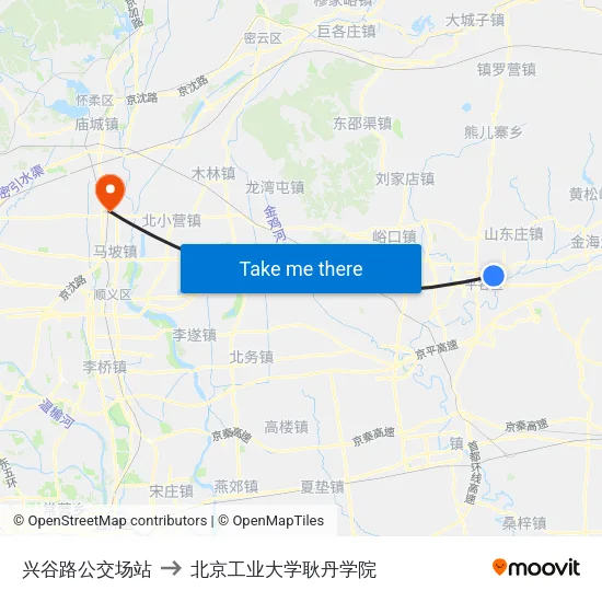 兴谷路公交场站 to 北京工业大学耿丹学院 map