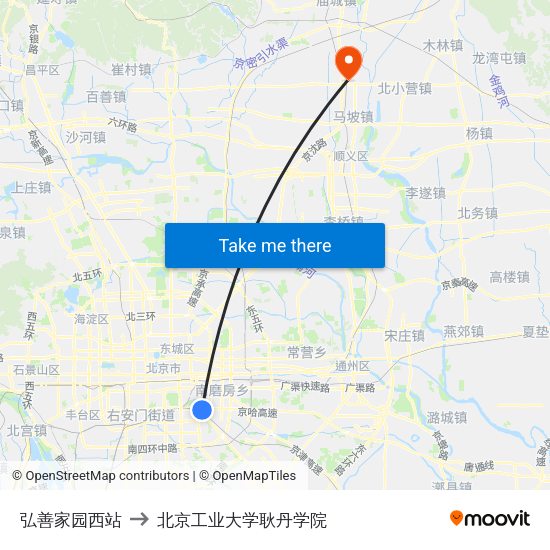弘善家园西站 to 北京工业大学耿丹学院 map