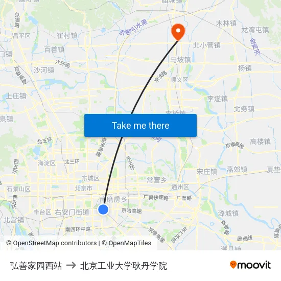 弘善家园西站 to 北京工业大学耿丹学院 map