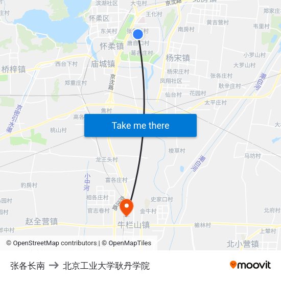 张各长南 to 北京工业大学耿丹学院 map