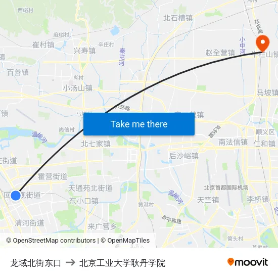 龙域北街东口 to 北京工业大学耿丹学院 map