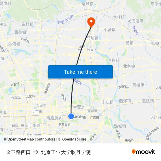 金卫路西口 to 北京工业大学耿丹学院 map