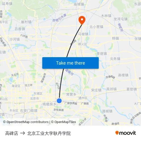 高碑店 to 北京工业大学耿丹学院 map