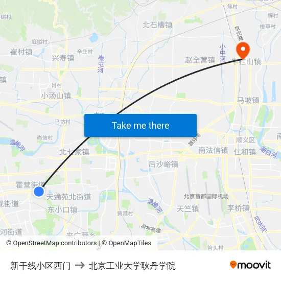 新干线小区西门 to 北京工业大学耿丹学院 map