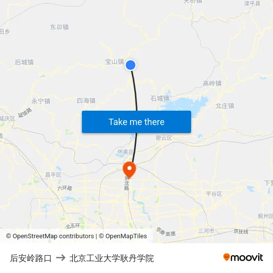 后安岭路口 to 北京工业大学耿丹学院 map