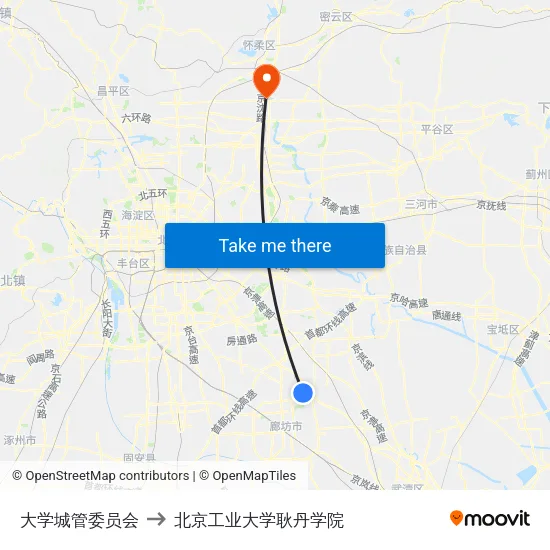 大学城管委员会 to 北京工业大学耿丹学院 map