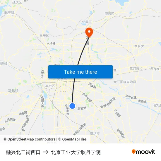 融兴北二街西口 to 北京工业大学耿丹学院 map