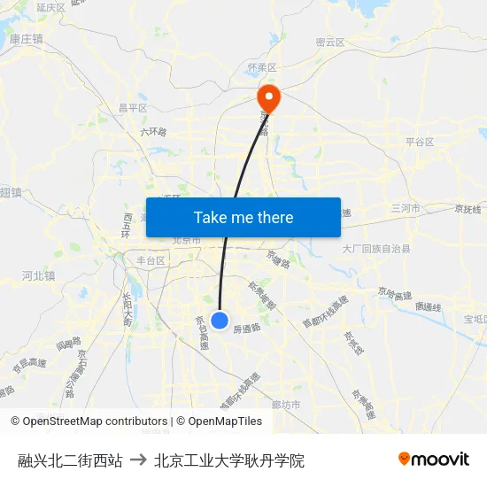 融兴北二街西站 to 北京工业大学耿丹学院 map