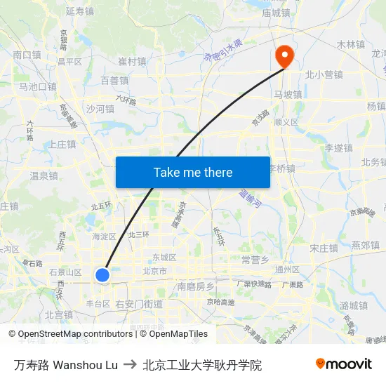 万寿路 Wanshou Lu to 北京工业大学耿丹学院 map
