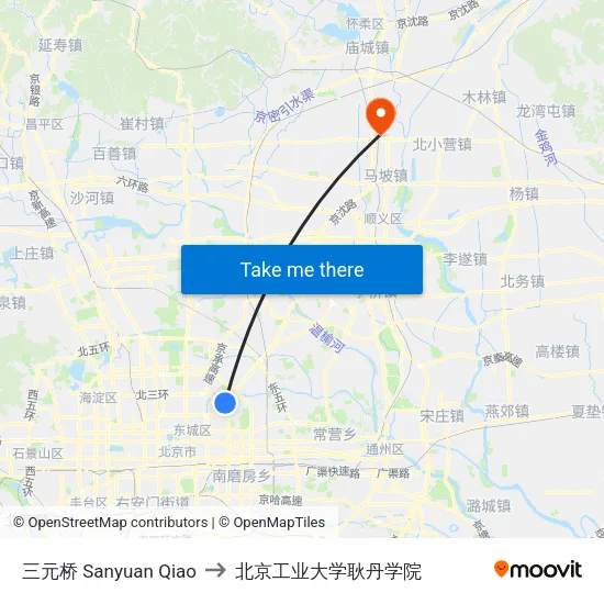 三元桥 Sanyuan Qiao to 北京工业大学耿丹学院 map