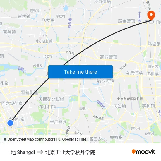上地 Shangdi to 北京工业大学耿丹学院 map