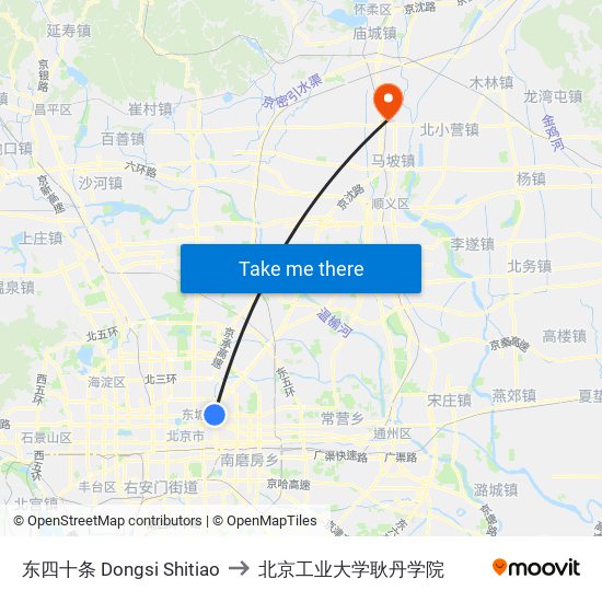 东四十条 Dongsi Shitiao to 北京工业大学耿丹学院 map