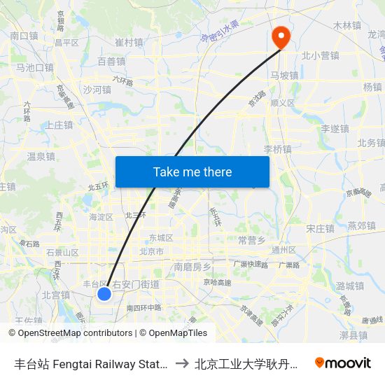 丰台站 Fengtai Railway Station to 北京工业大学耿丹学院 map