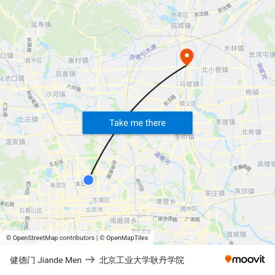 健德门 Jiande Men to 北京工业大学耿丹学院 map