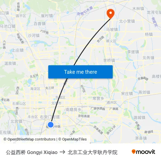 公益西桥 Gongyi Xiqiao to 北京工业大学耿丹学院 map
